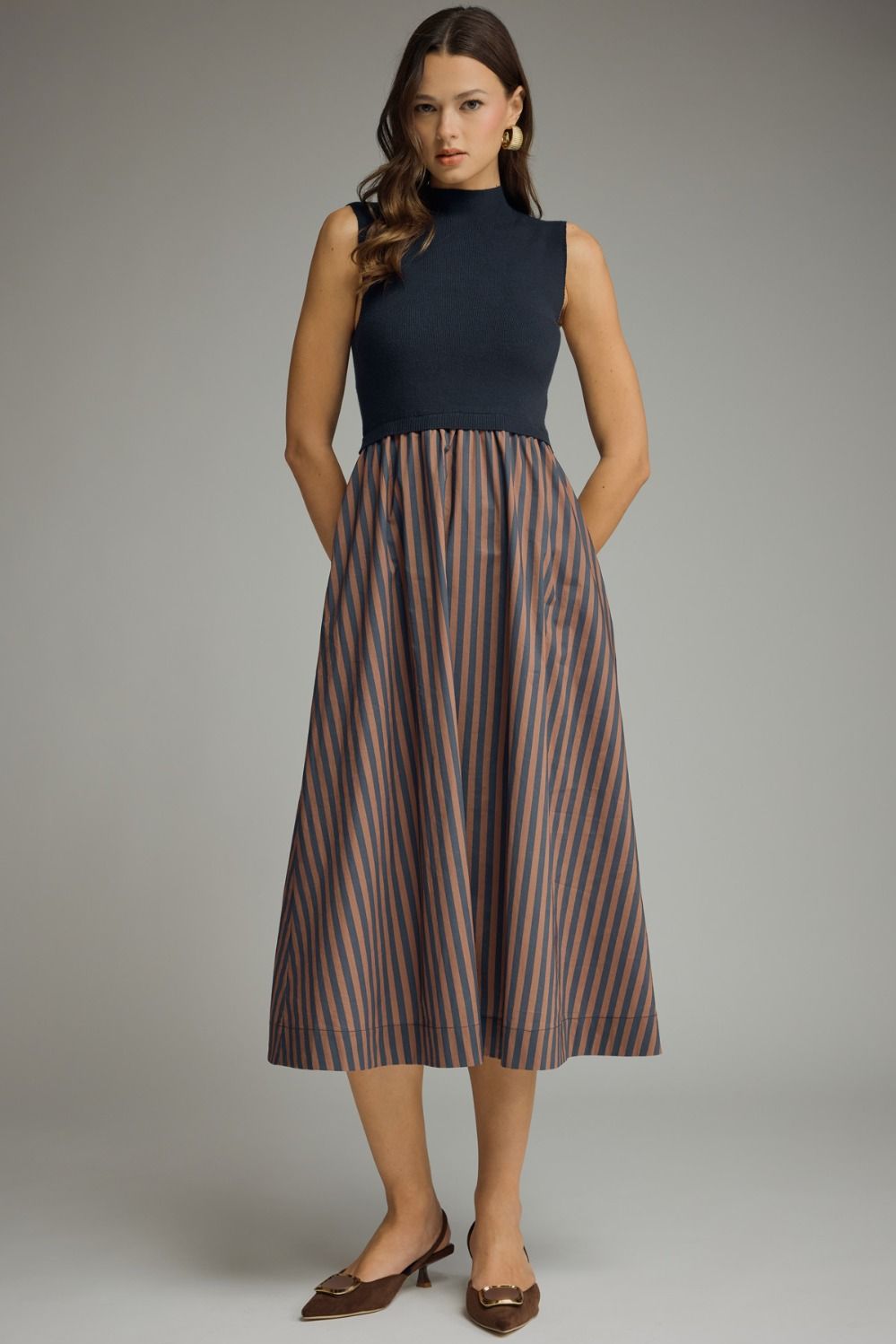 Striped Skirt Midi Dress - Navy