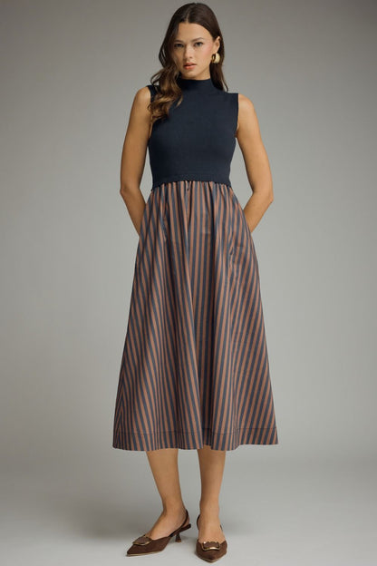 Striped Skirt Midi Dress - Navy