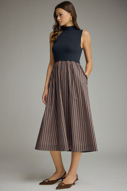 Striped Skirt Midi Dress - Navy