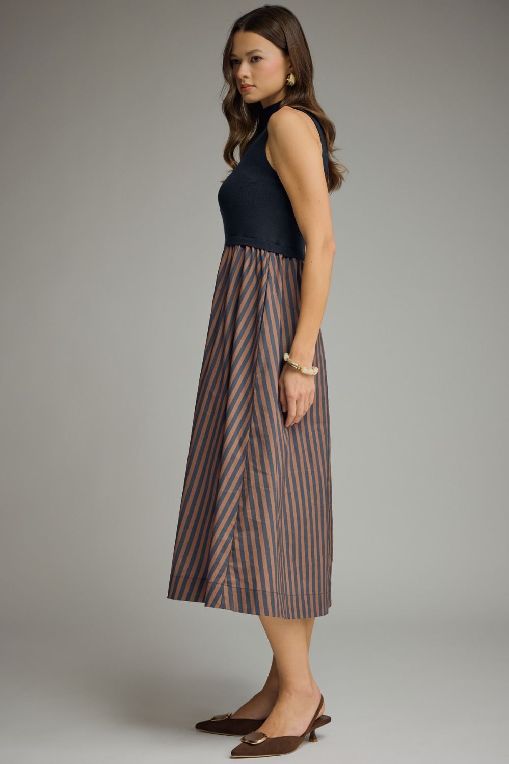 Striped Skirt Midi Dress - Navy