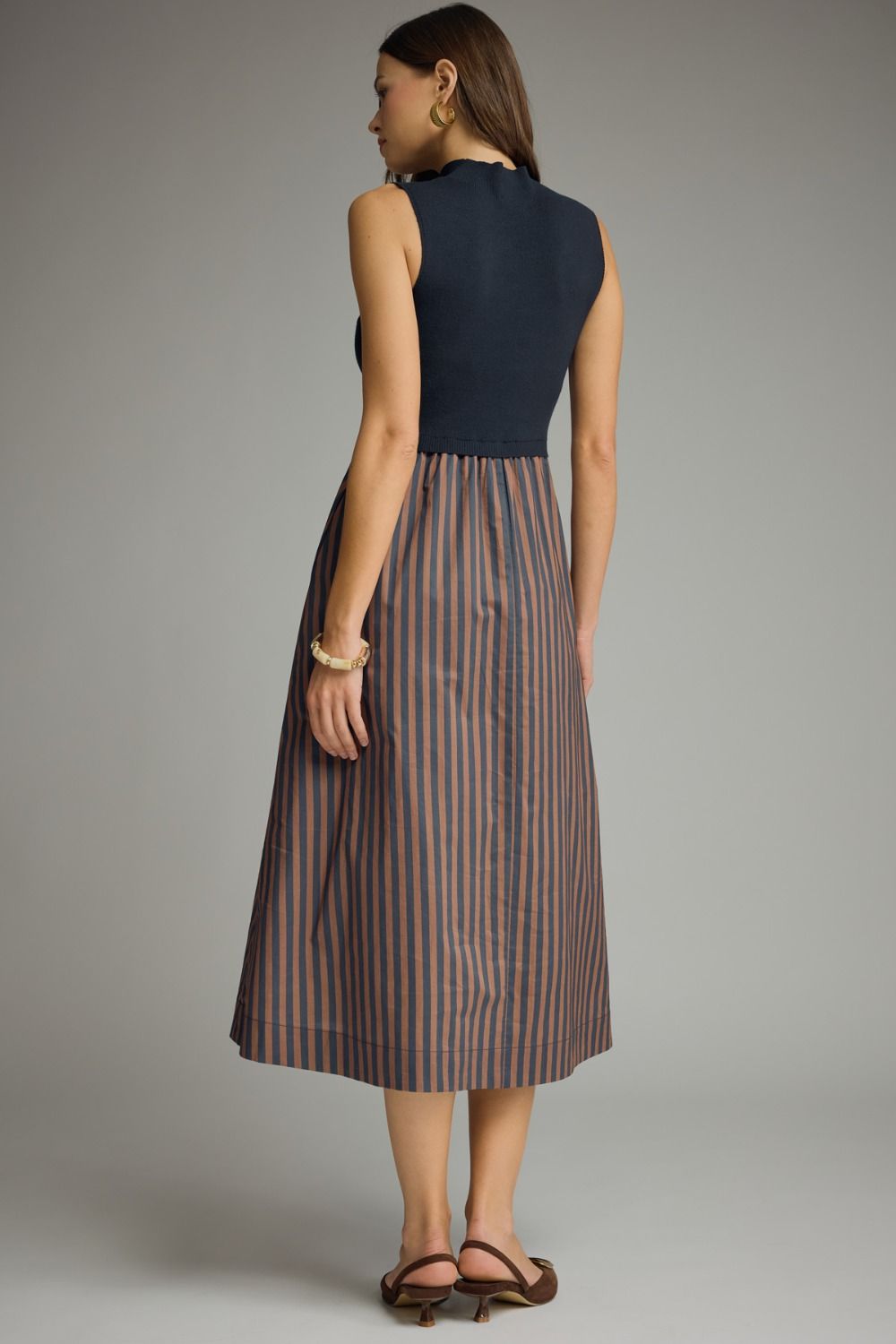 Striped Skirt Midi Dress - Navy