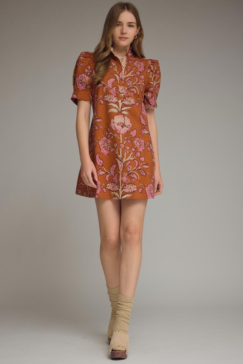 Floral Print Short Puff Sleeve Dress - Rust
