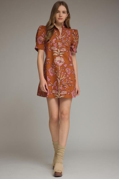 Floral Print Short Puff Sleeve Dress - Rust