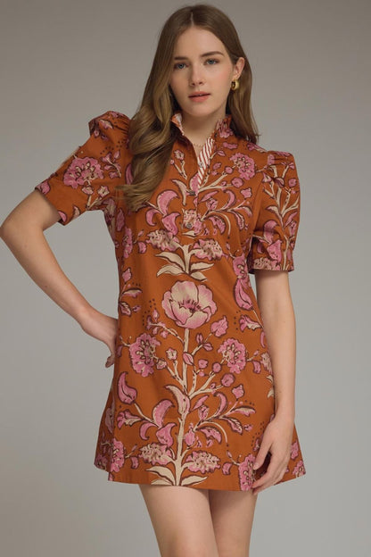 Floral Print Short Puff Sleeve Dress - Rust