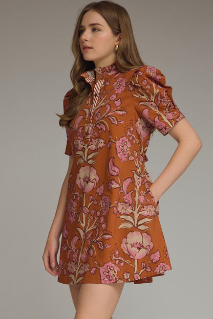 Floral Print Short Puff Sleeve Dress - Rust