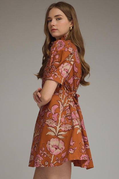 Floral Print Short Puff Sleeve Dress - Rust