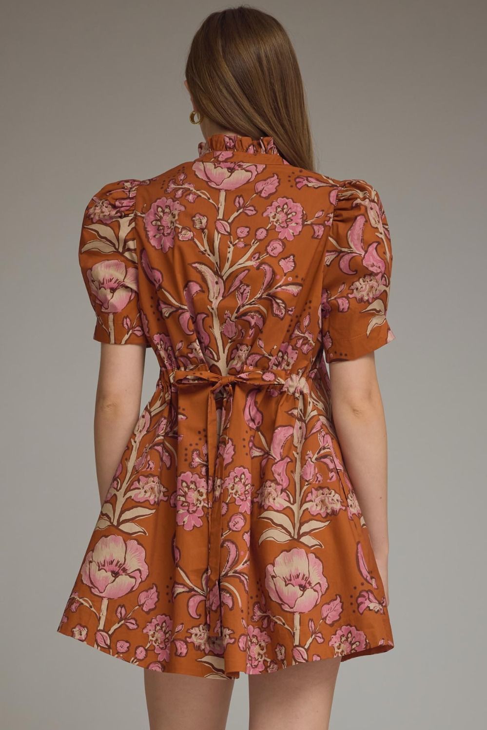 Floral Print Short Puff Sleeve Dress - Rust