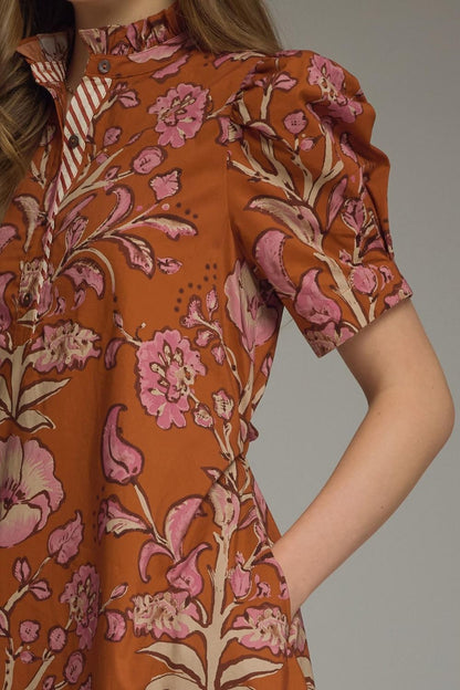 Floral Print Short Puff Sleeve Dress - Rust