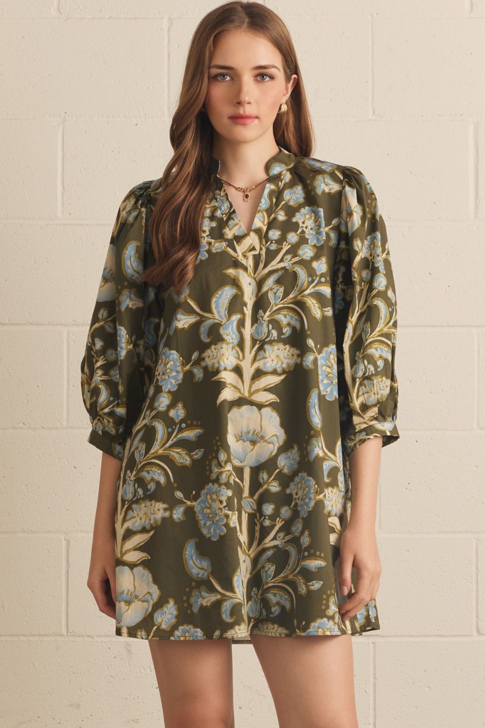 Floral Print 3/4 Puff Sleeve Mini Dress - Olive