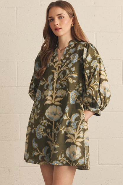Floral Print 3/4 Puff Sleeve Mini Dress - Olive
