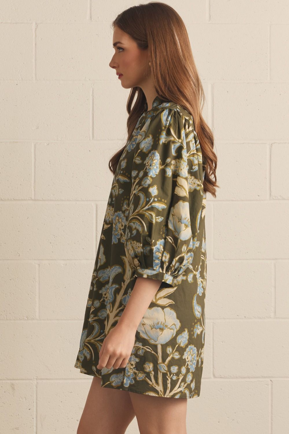 Floral Print 3/4 Puff Sleeve Mini Dress - Olive