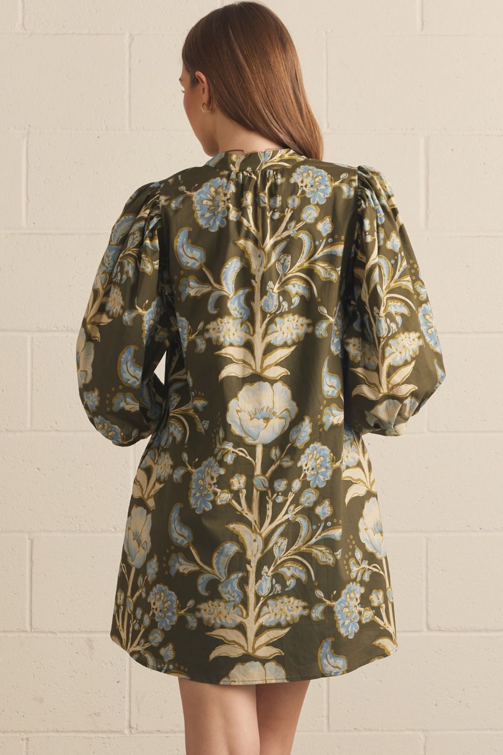 Floral Print 3/4 Puff Sleeve Mini Dress - Olive
