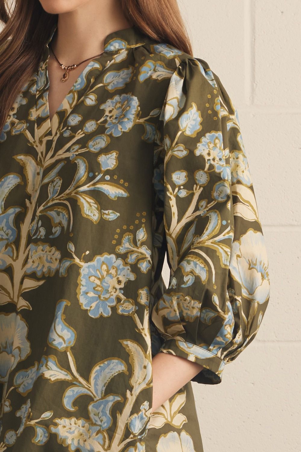 Floral Print 3/4 Puff Sleeve Mini Dress - Olive