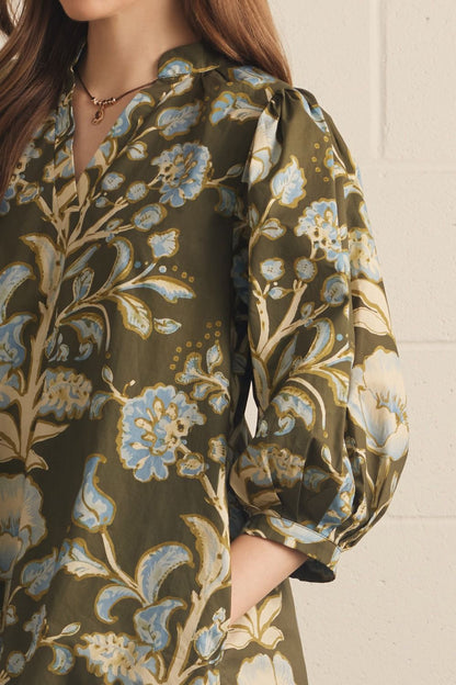 Floral Print 3/4 Puff Sleeve Mini Dress - Olive
