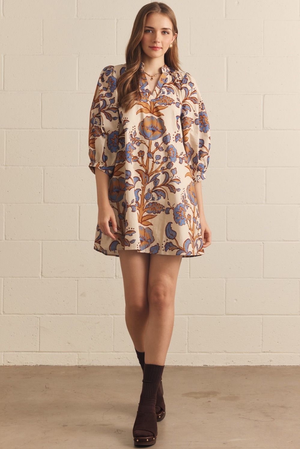 Floral 3/4 Puff Sleeve Dress - Ecru