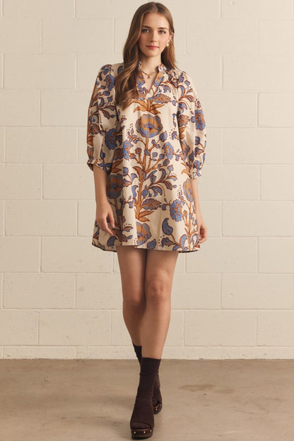 Floral 3/4 Puff Sleeve Dress - Ecru