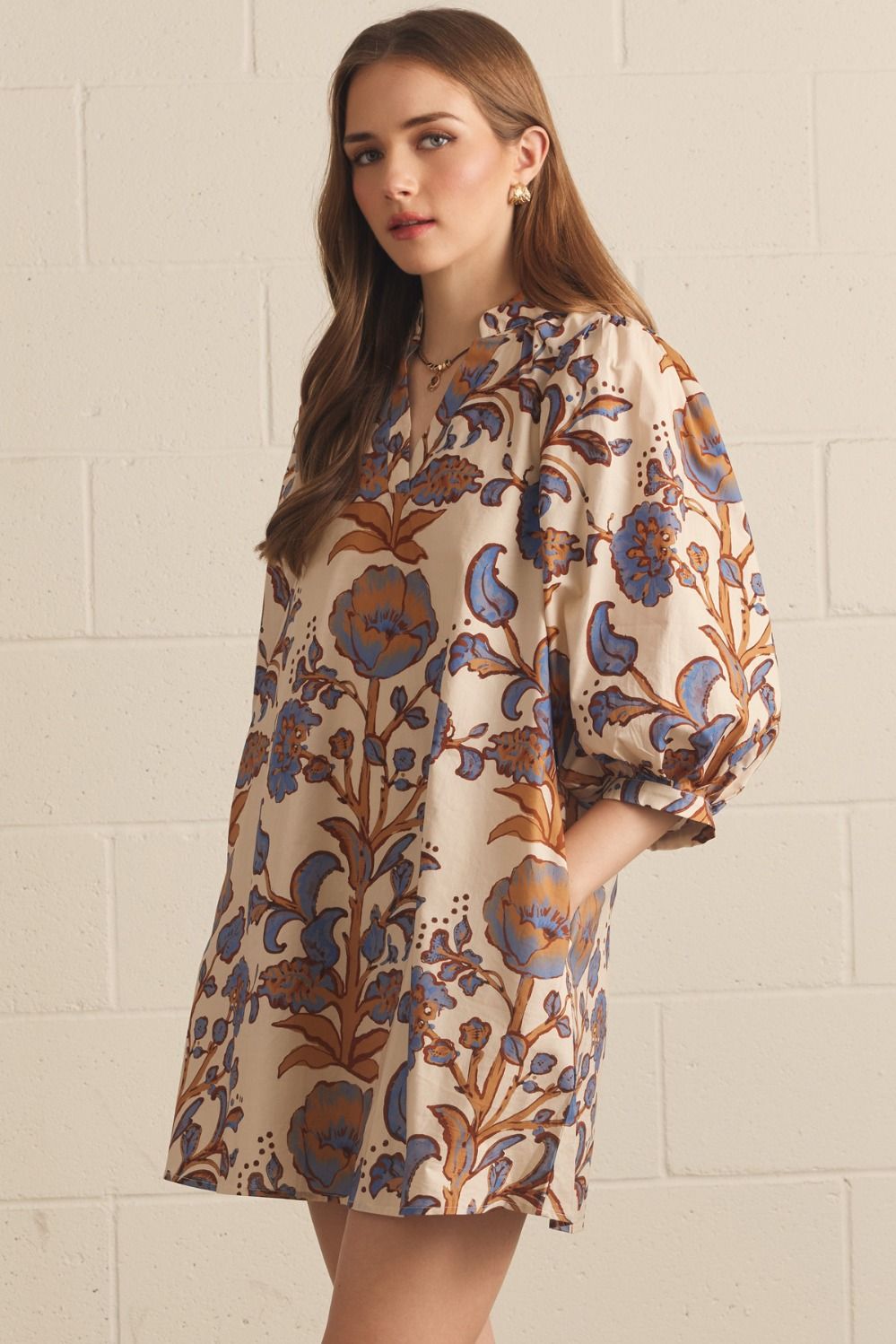 Floral 3/4 Puff Sleeve Dress - Ecru