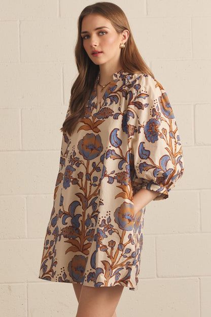 Floral 3/4 Puff Sleeve Dress - Ecru