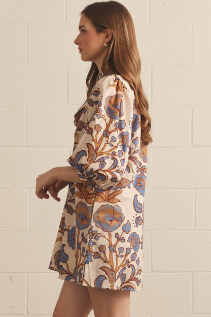 Floral 3/4 Puff Sleeve Dress - Ecru