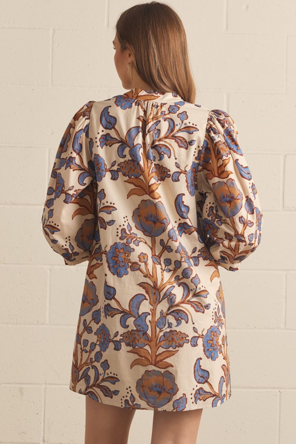Floral 3/4 Puff Sleeve Dress - Ecru