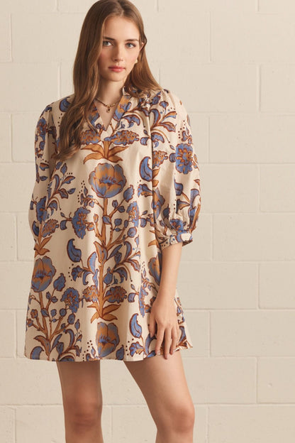 Floral 3/4 Puff Sleeve Dress - Ecru