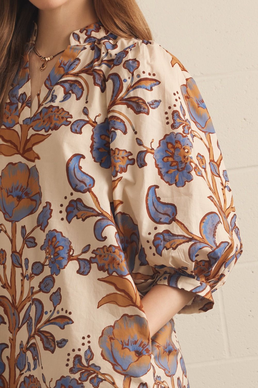 Floral 3/4 Puff Sleeve Dress - Ecru