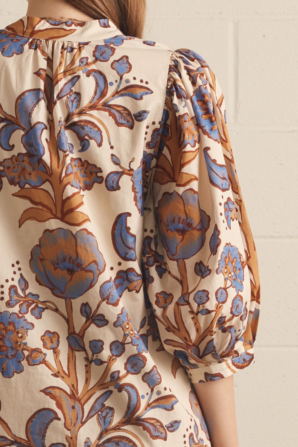 Floral 3/4 Puff Sleeve Dress - Ecru