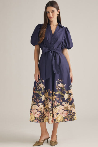 Floral Border Print Midi Dress - Navy