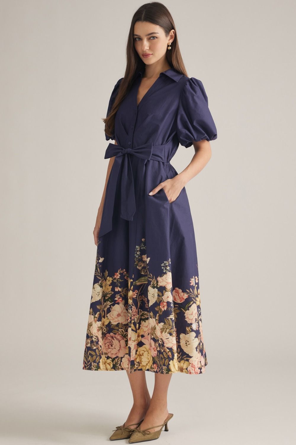 Floral Border Print Midi Dress - Navy