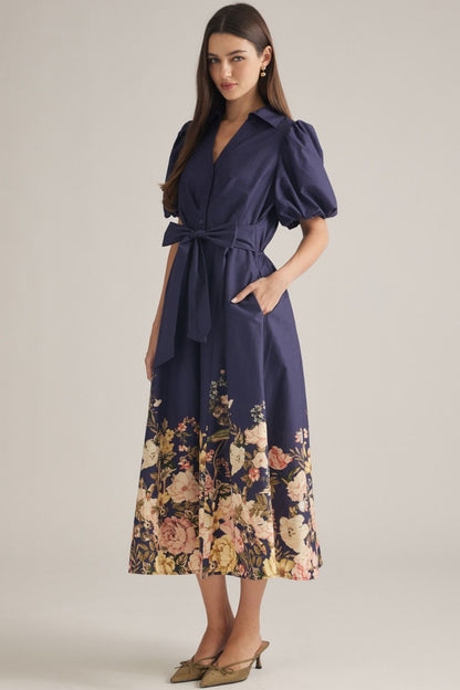 Floral Border Print Midi Dress - Navy