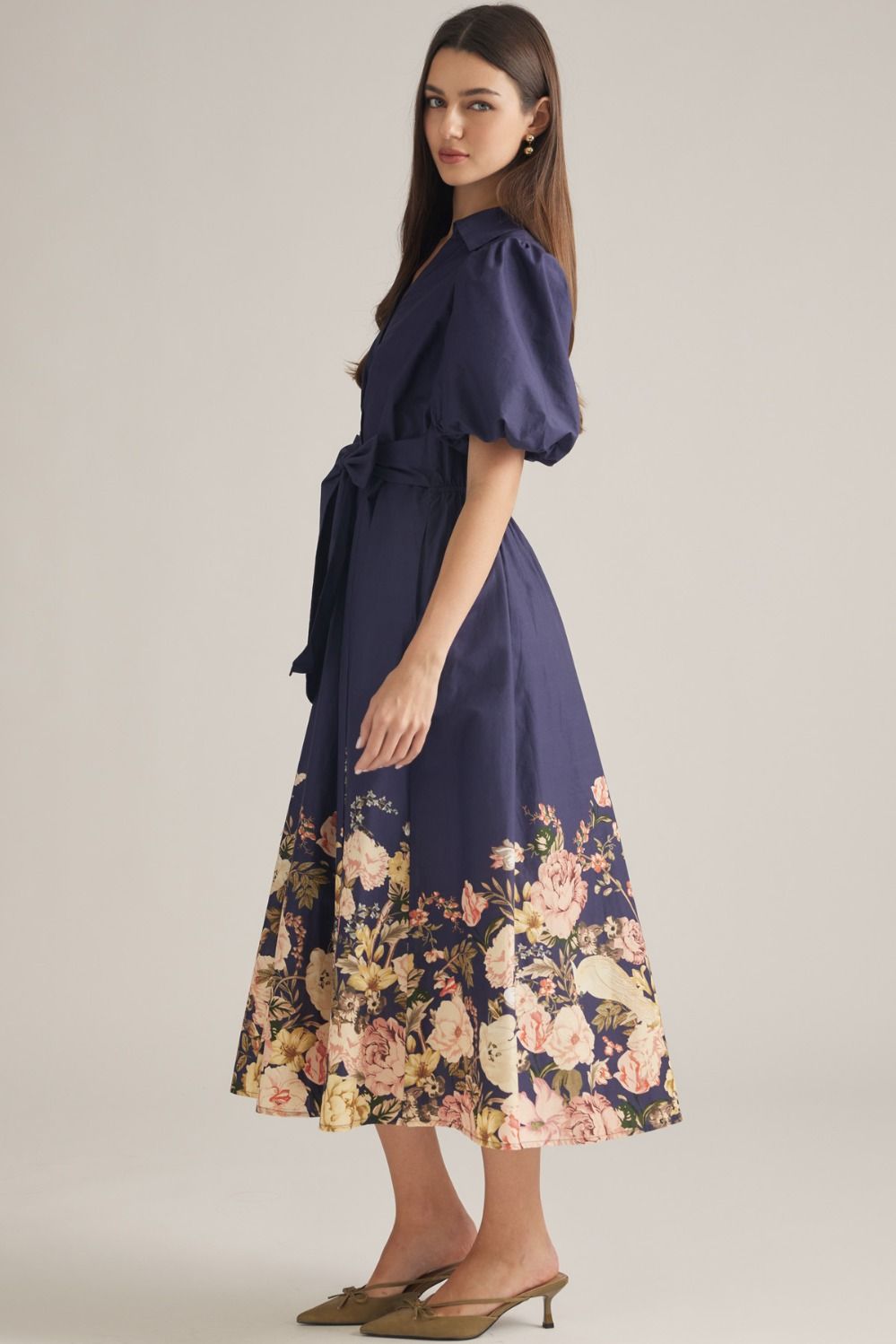 Floral Border Print Midi Dress - Navy