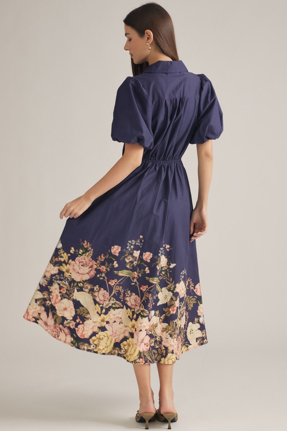 Floral Border Print Midi Dress - Navy