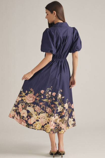 Floral Border Print Midi Dress - Navy