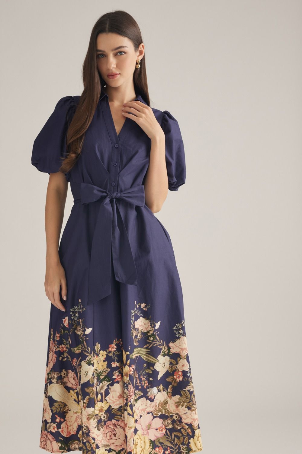 Floral Border Print Midi Dress - Navy