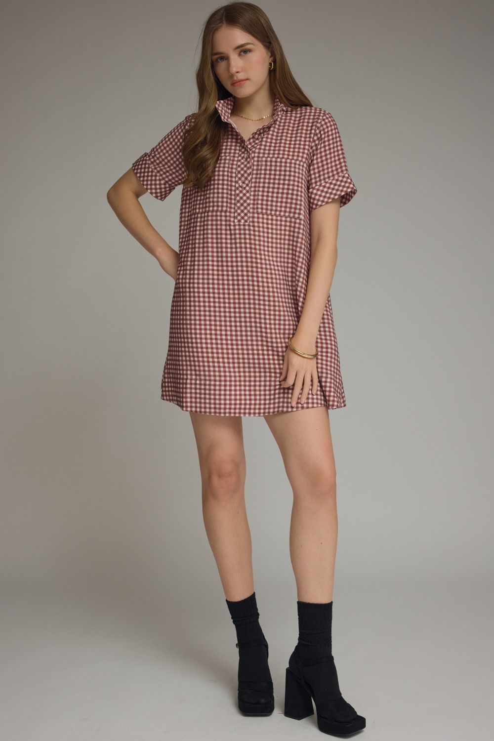 Gingham Short Sleeve Mini Dress - Red Bean