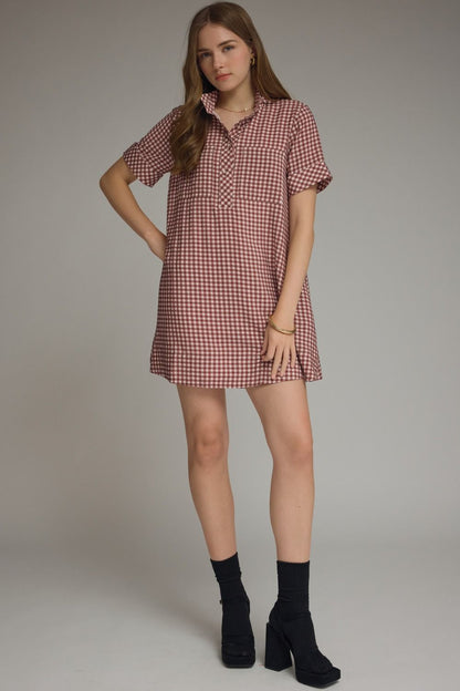 Gingham Short Sleeve Mini Dress - Red Bean