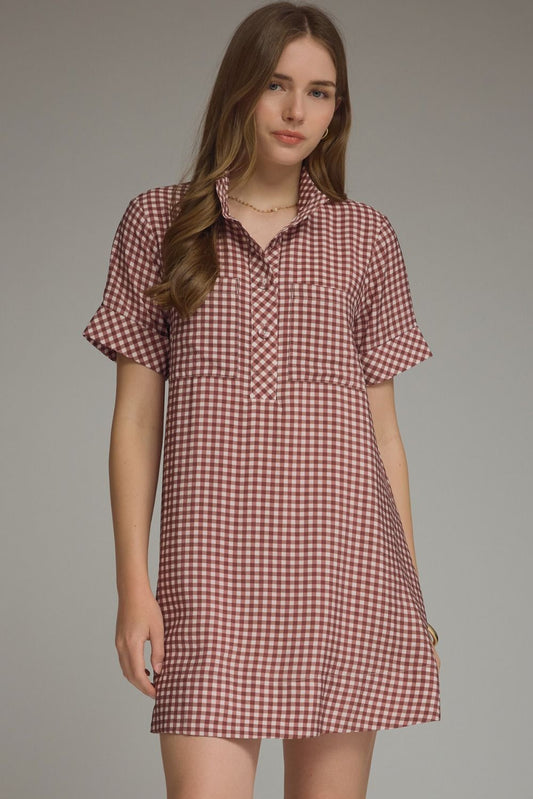 Gingham Short Sleeve Mini Dress - Red Bean