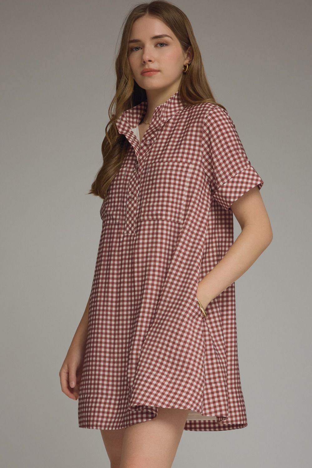 Gingham Short Sleeve Mini Dress - Red Bean