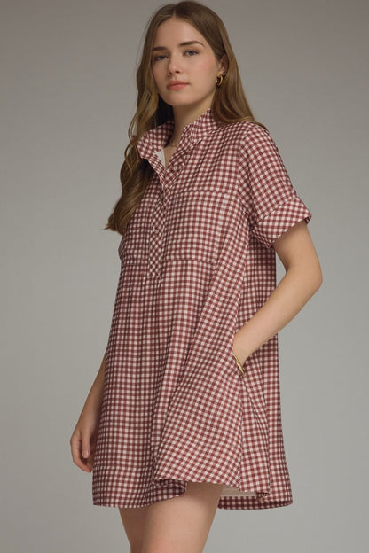 Gingham Short Sleeve Mini Dress - Red Bean