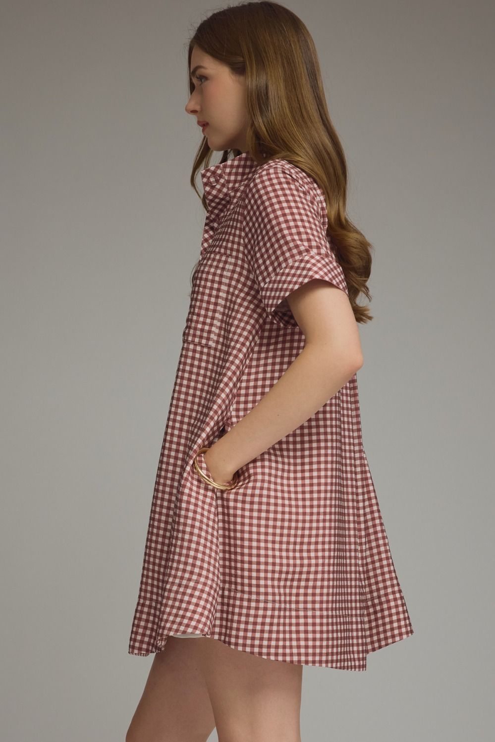 Gingham Short Sleeve Mini Dress - Red Bean