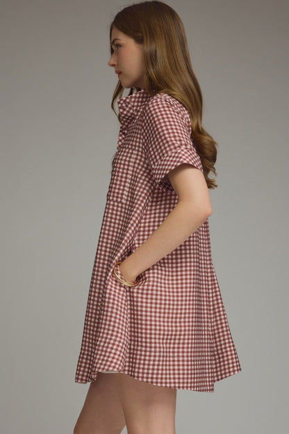 Gingham Short Sleeve Mini Dress - Red Bean