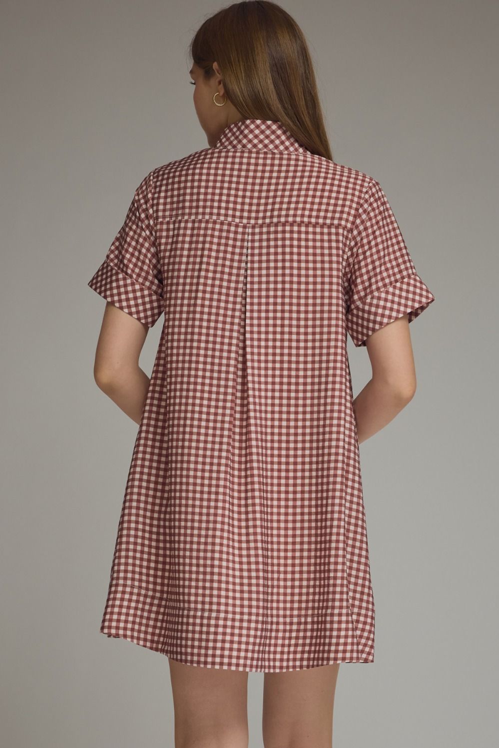 Gingham Short Sleeve Mini Dress - Red Bean