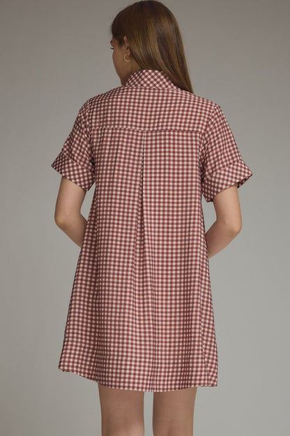 Gingham Short Sleeve Mini Dress - Red Bean