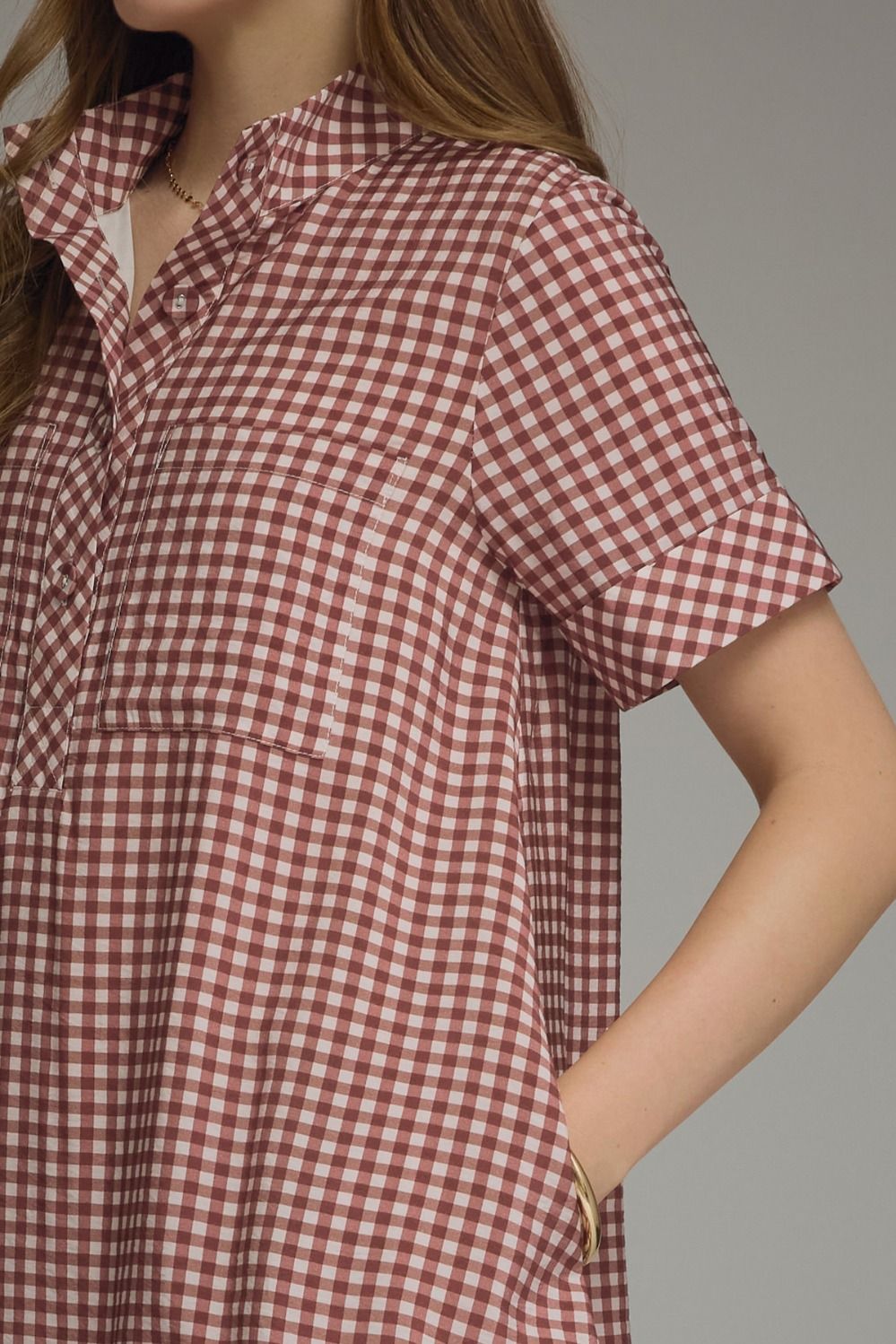 Gingham Short Sleeve Mini Dress - Red Bean
