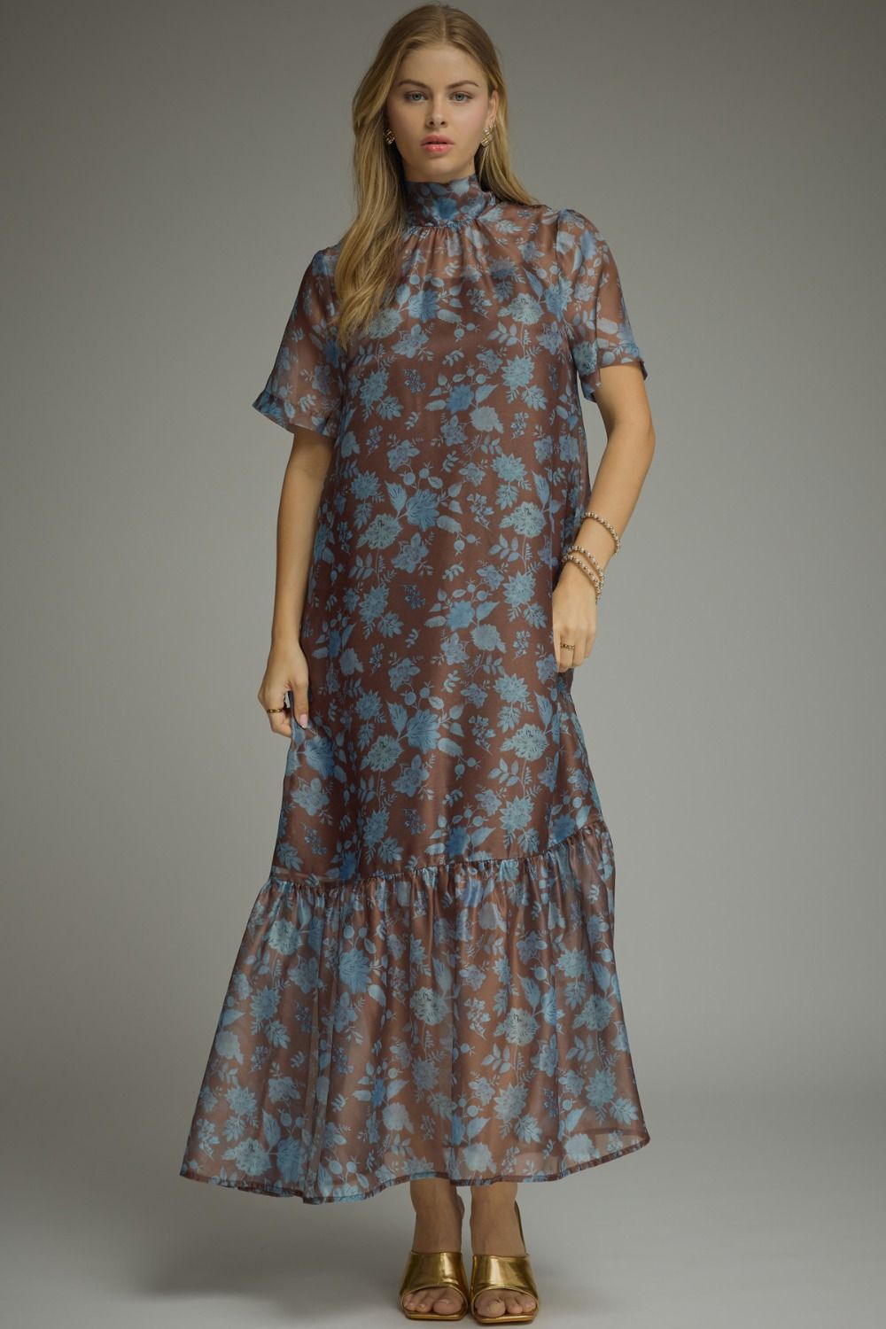 Floral Print Short Sleeve Maxi Dress - Brown