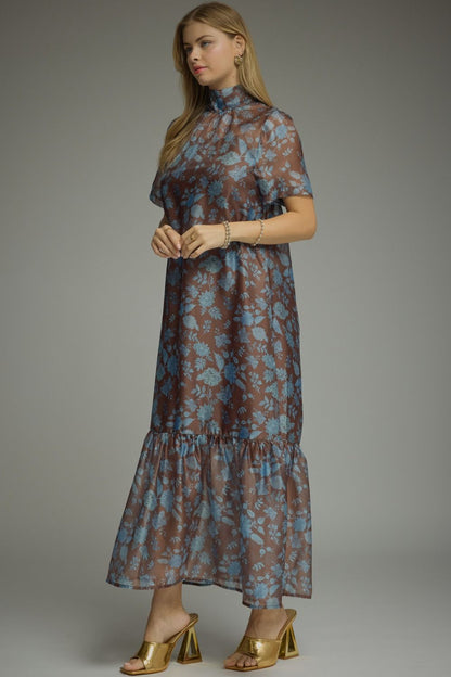 Floral Print Short Sleeve Maxi Dress - Brown