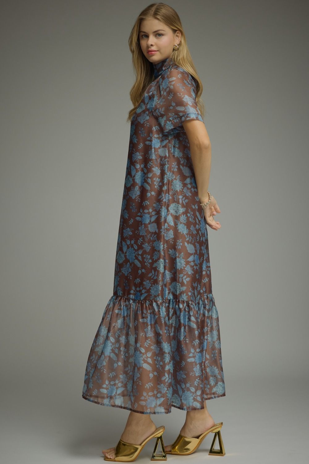 Floral Print Short Sleeve Maxi Dress - Brown