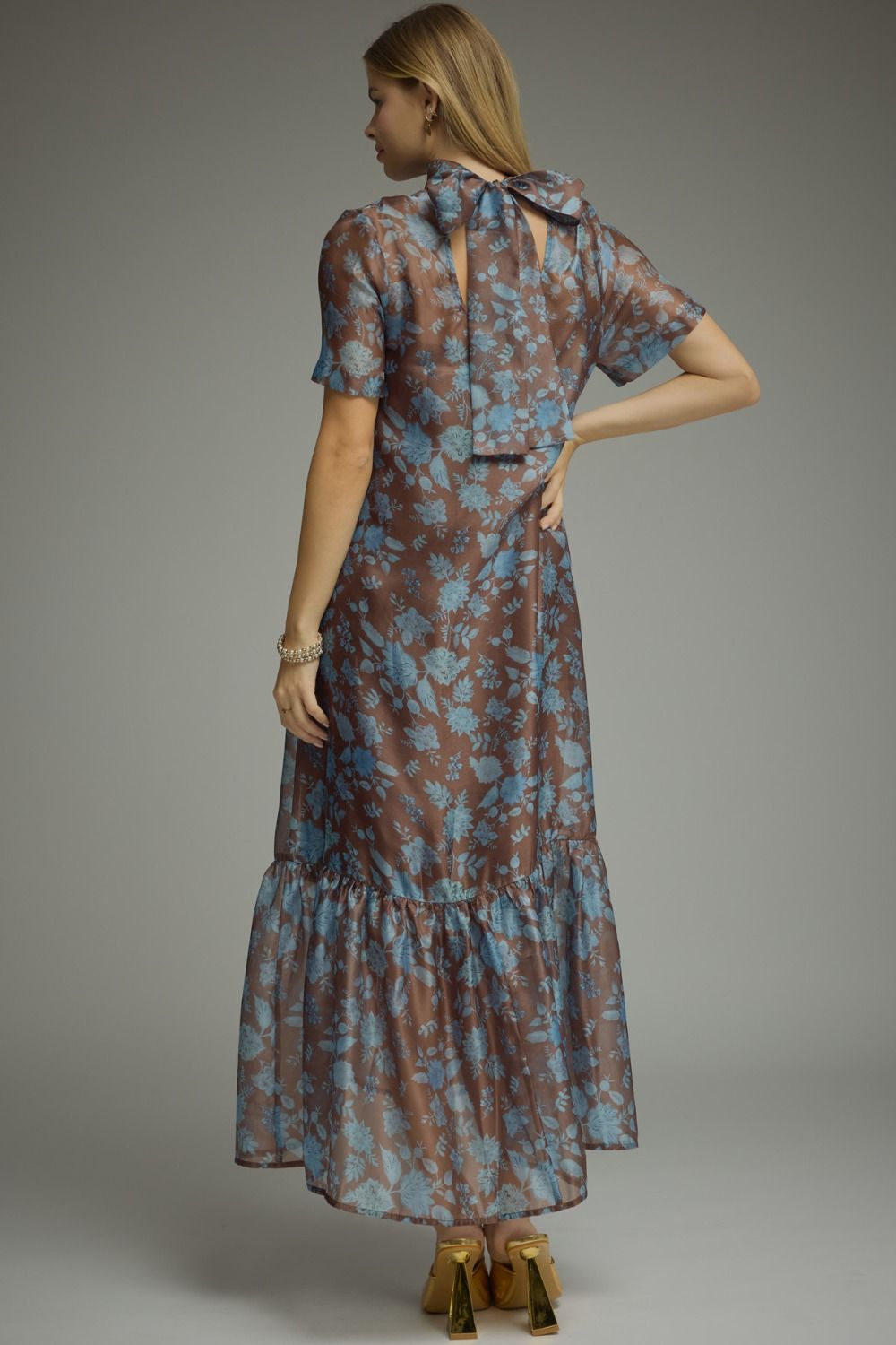 Floral Print Short Sleeve Maxi Dress - Brown