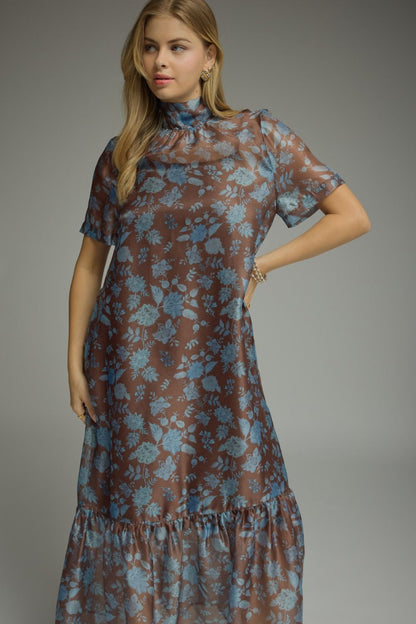Floral Print Short Sleeve Maxi Dress - Brown