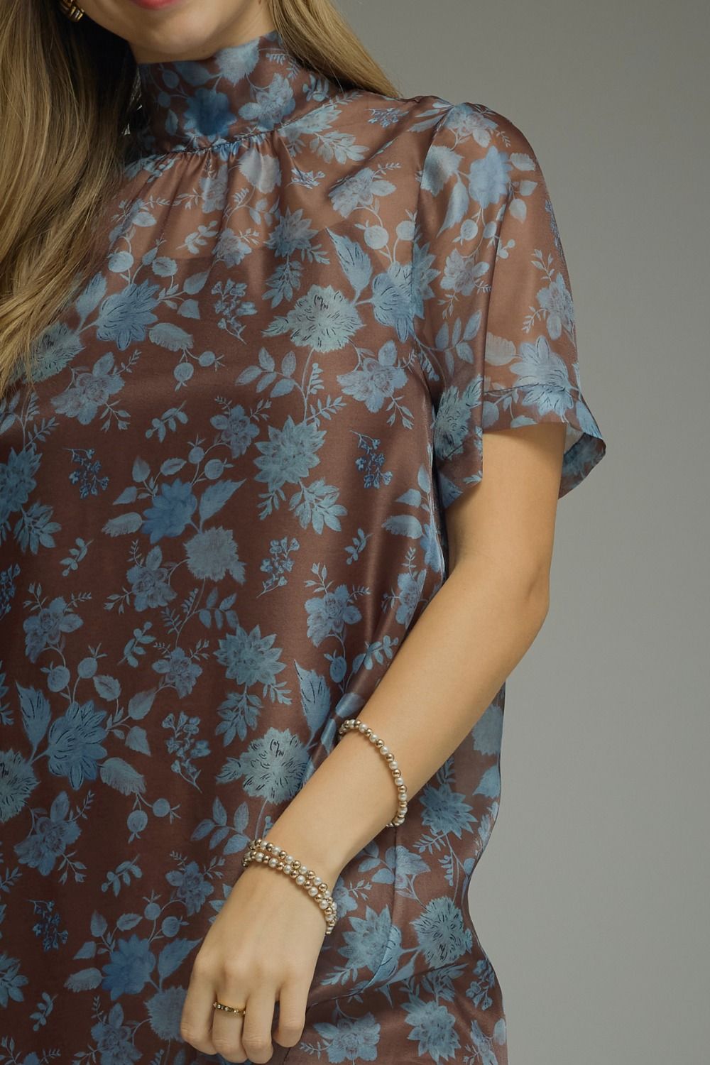 Floral Print Short Sleeve Maxi Dress - Brown